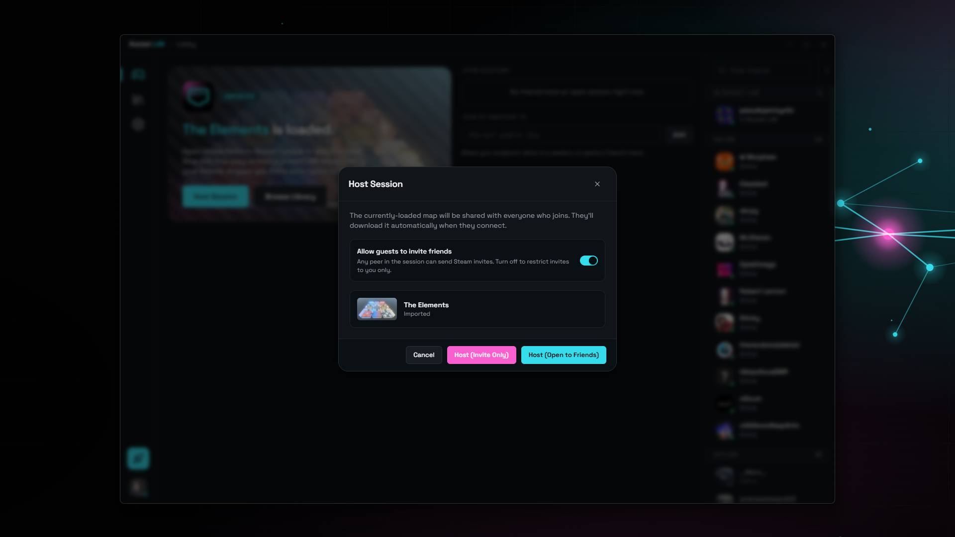 Host Session modal: a 'Allow guests to invite friends' toggle and the currently loaded custom map, with 'Host (Invite Only)' and 'Host (Open to Friends)' buttons.