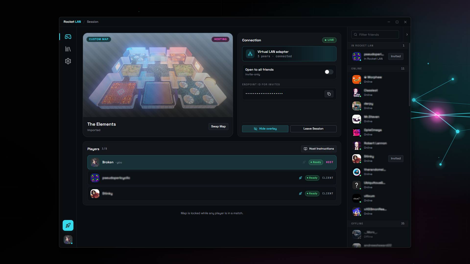 Rocket LAN's Session view: a custom map preview on the left, connection info and 'Hide overlay' / 'Leave Session' actions, a 3-player roster, and a Steam friends panel on the right.