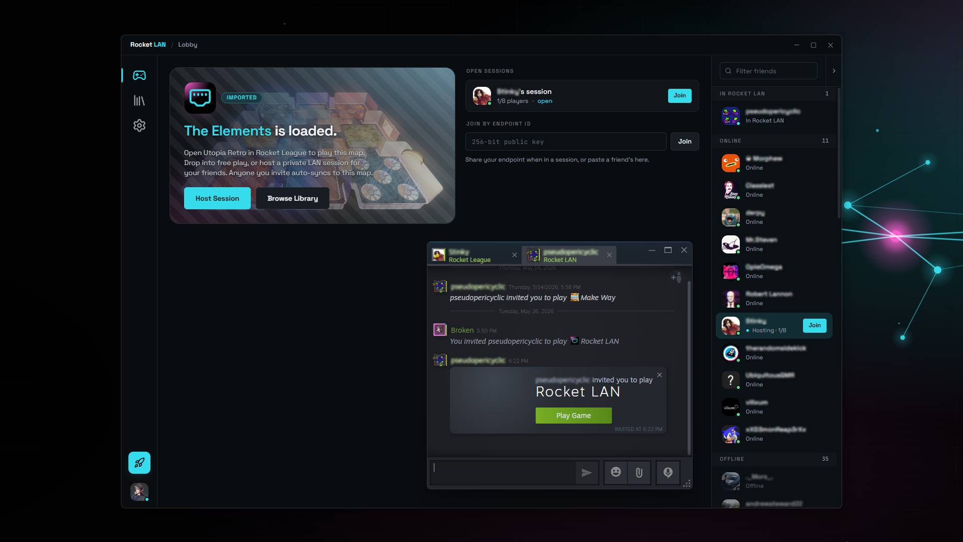 A Steam chat overlay showing 'pseudopericyclic invited you to play Rocket LAN' with a green 'Play Game' button, sitting in front of the Rocket LAN lobby.